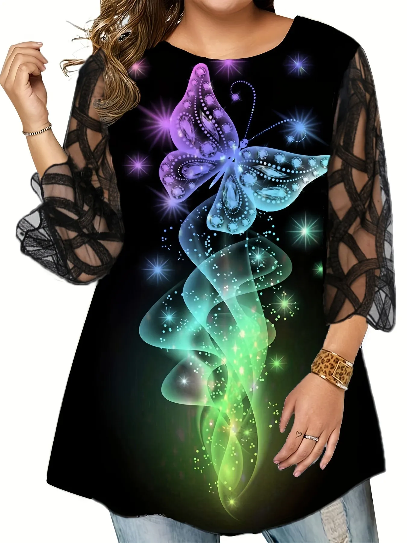 Plus Size Casual T-Shirt Womens Glitter Butterfly Print Contrast Lace Half Sleeve