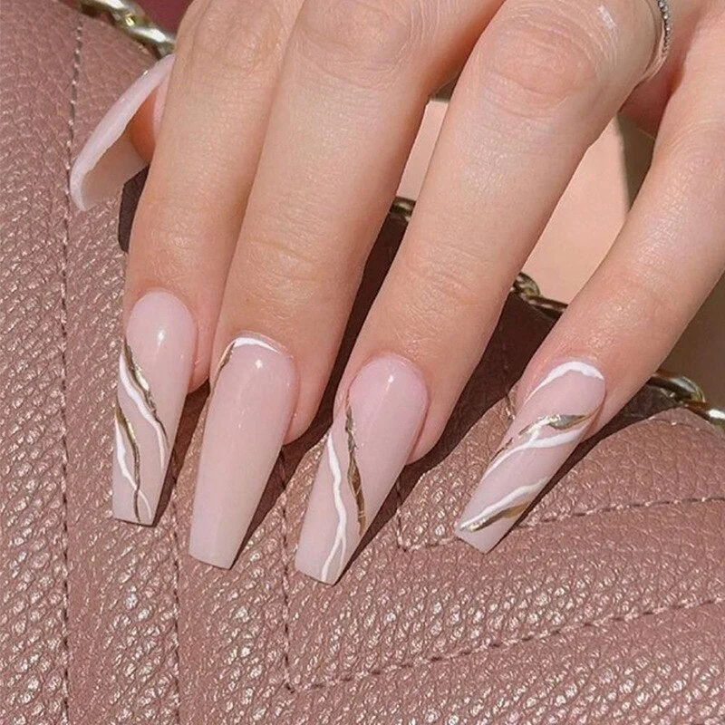 24pcs/box nude color french fake nails with a pattern oval head full cover artificial nails with glue pre design acrylic nails-Nail Inspo