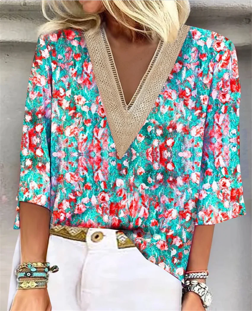 Relaxed Floral Lace Print Loose V-Neck Top 