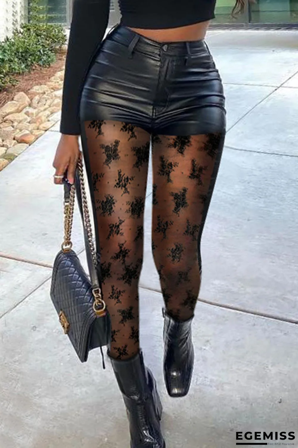 Black Fashion Casual Solid Patchwork See-through Skinny High Waist Pencil Trousers | EGEMISS