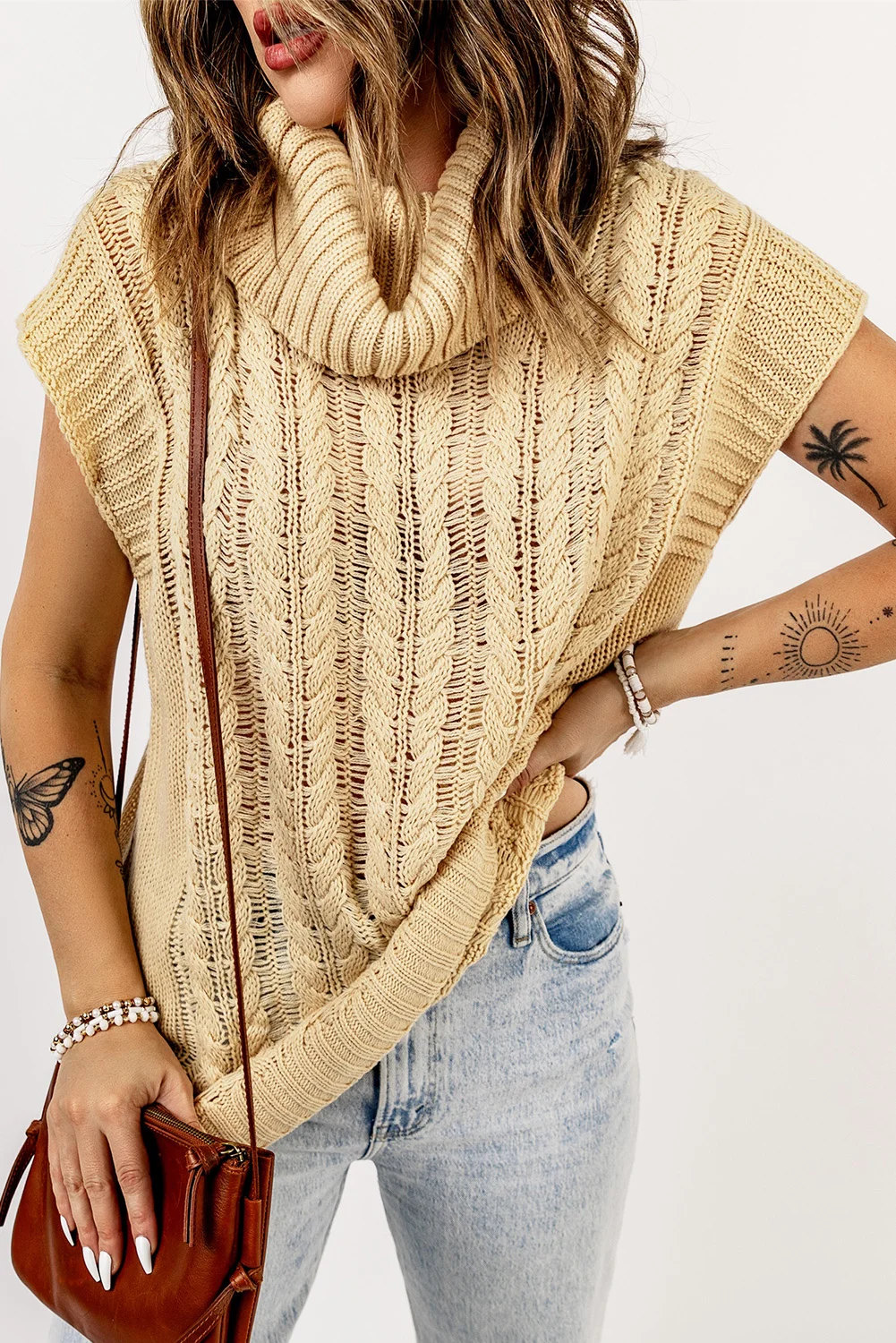 Khaki Pink/Gray/Khaki Turtleneck Braided Knitted Vest | IFYHOME