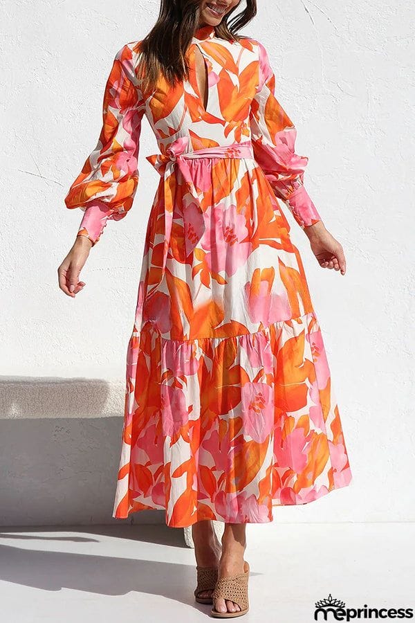 Floral Print Balloon Sleeve Pleated Lace Up Maxi Dress