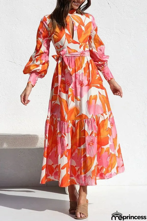 Floral Print Balloon Sleeve Pleated Lace Up Maxi Dress
