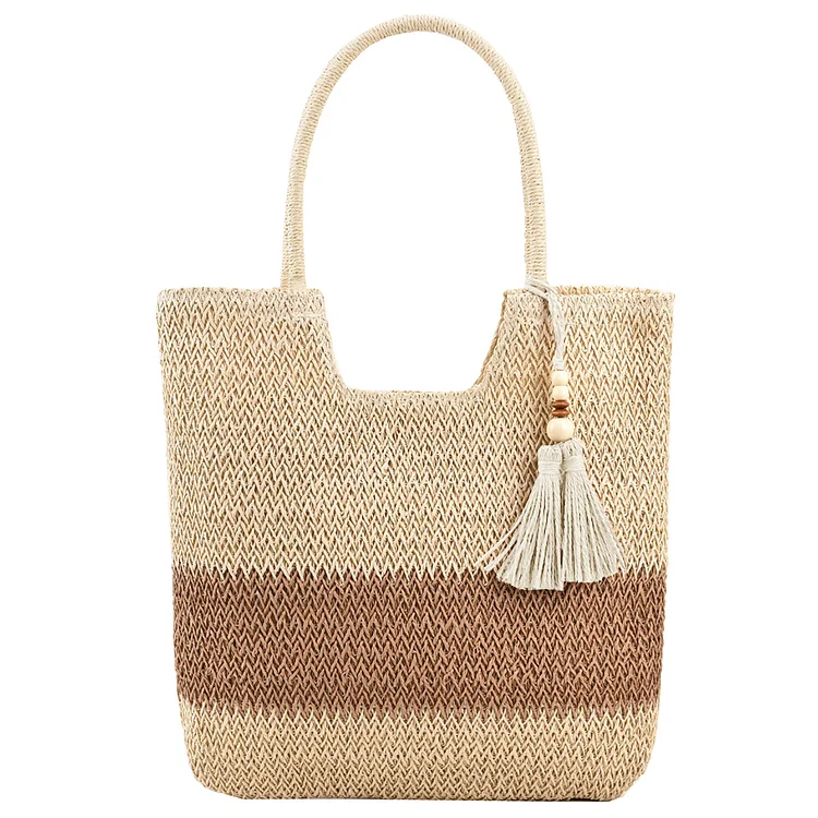 Women Shoulder Bag with Tassels Contrast Color Straw Woven Bag for Party (Beige)