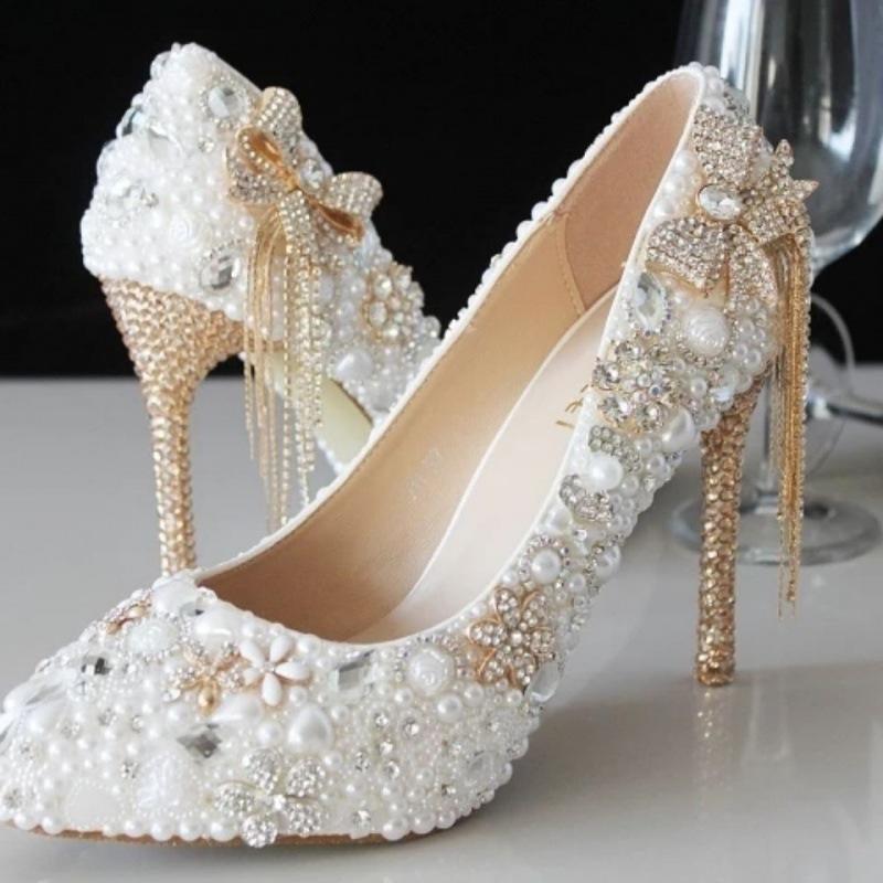 Women's elegant white pearls rhinestone pointed toe pumps for wedding party