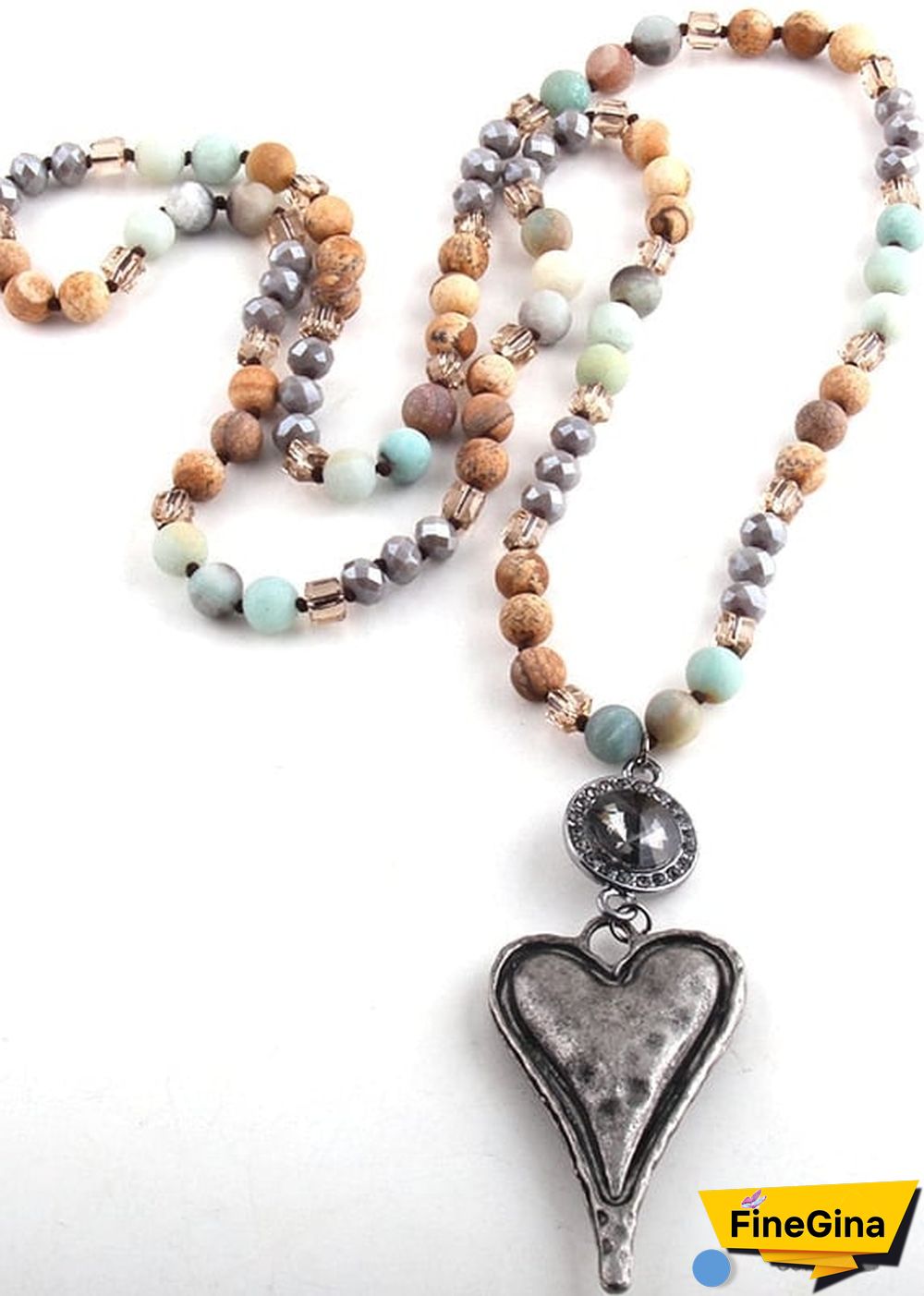 Boho Necklace, RH Amazonite Jasper, Heart Brown Natural Stone
