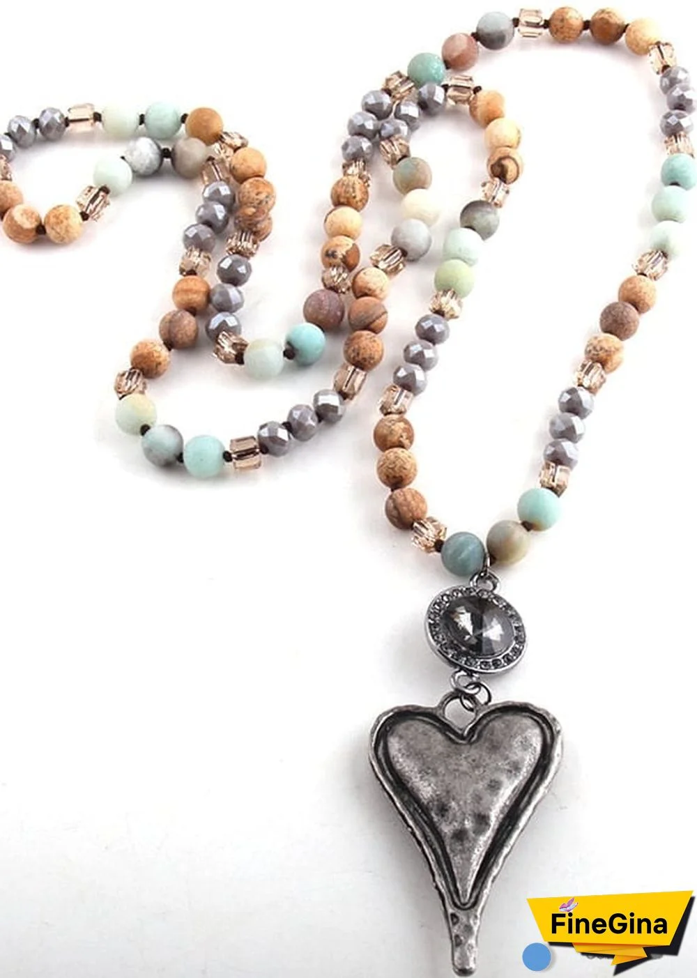 Boho Necklace, RH Amazonite Jasper, Heart Brown Natural Stone