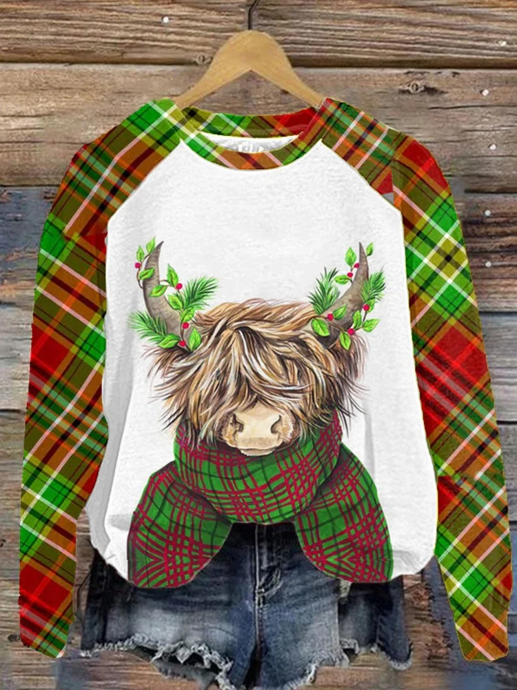 Highland Cow Plaid Print Sweatshirt