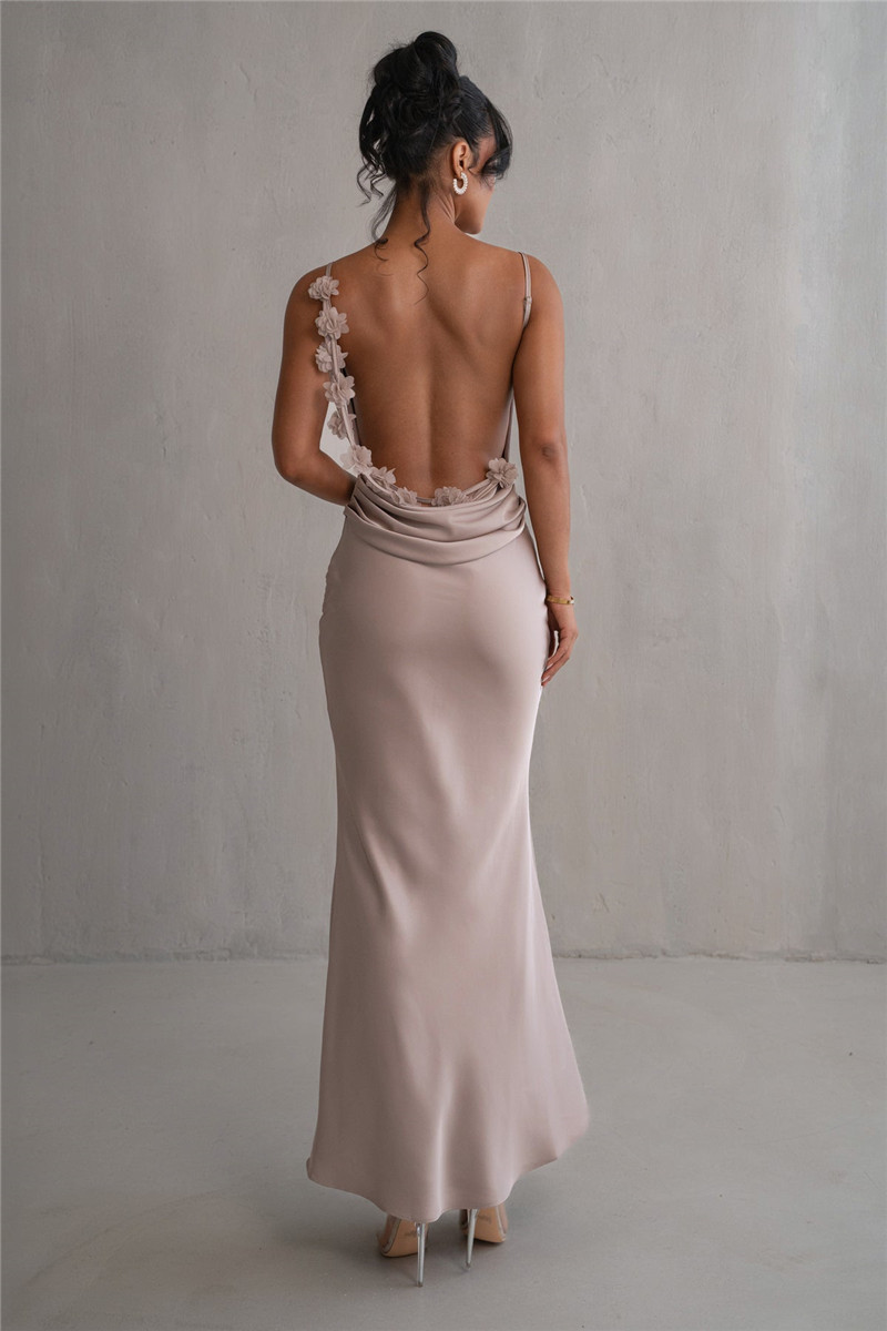 Ootddress Floral Draped Backless Maxi Long Dress For Women Fashion Spaghetti Strap Sleeveless Bodycon Evening Party Dress Elegant