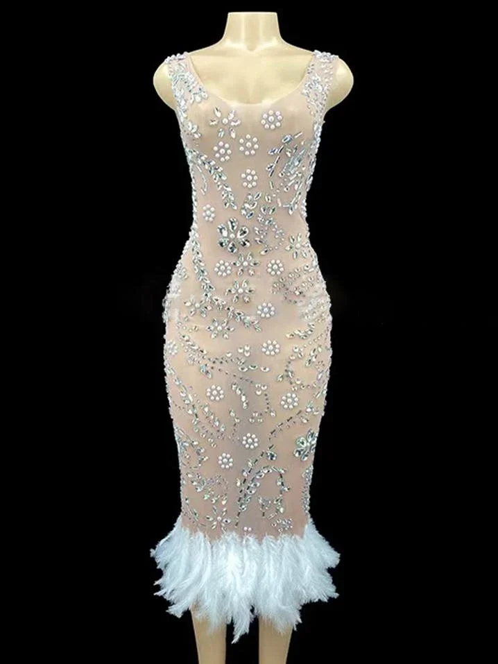Rhinestone featherl elegant evening dress-zachics