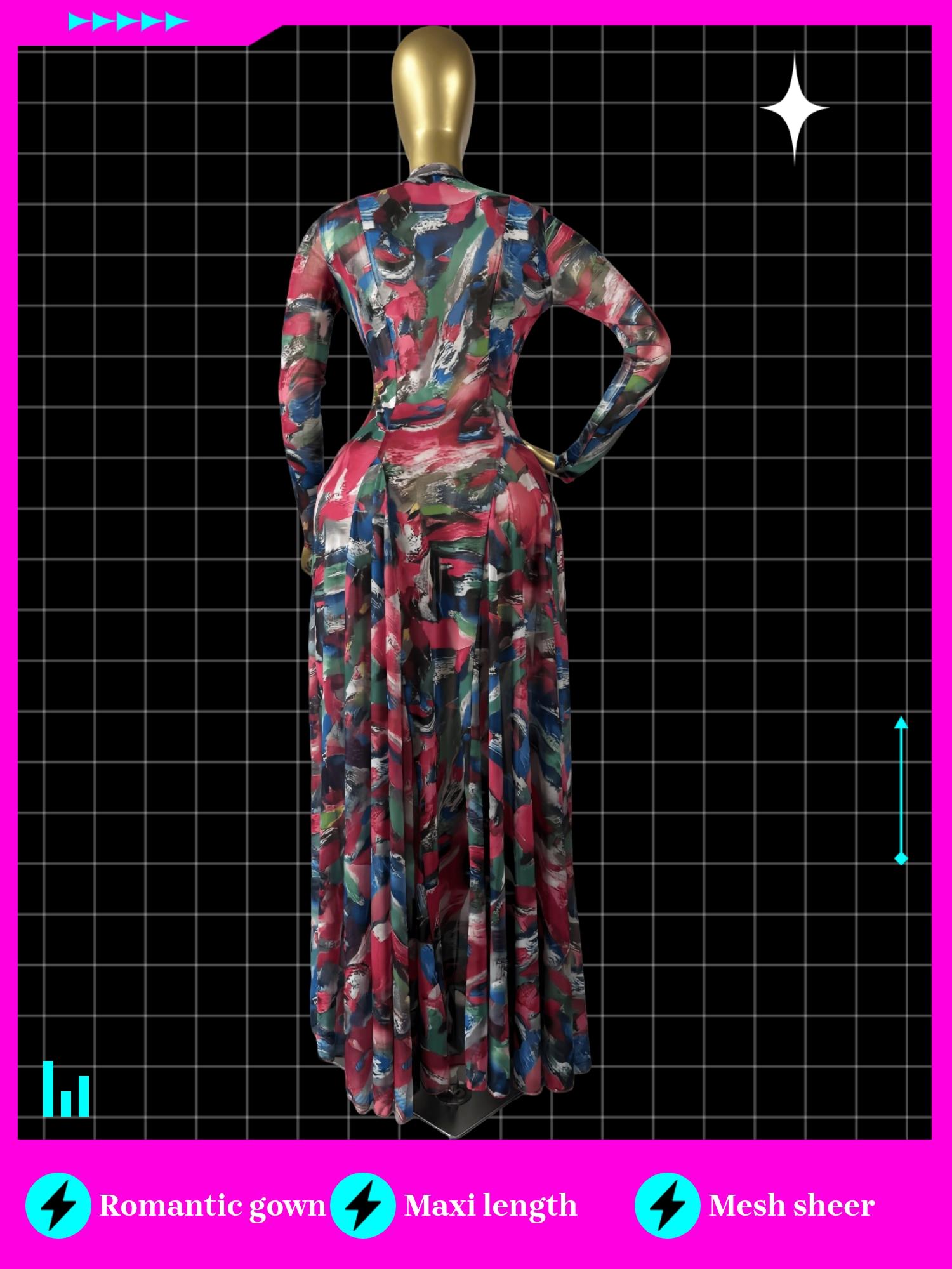 PULKRITU Women's O-Neck Long Sleeve Woven Maxi Dress, Tie-Dye Print, Romantic Valentine's Day Party Outfit Gown, Sexy Mesh Sheer Dress, Spring Sexy Club Street Evening Wear Lady Skirts