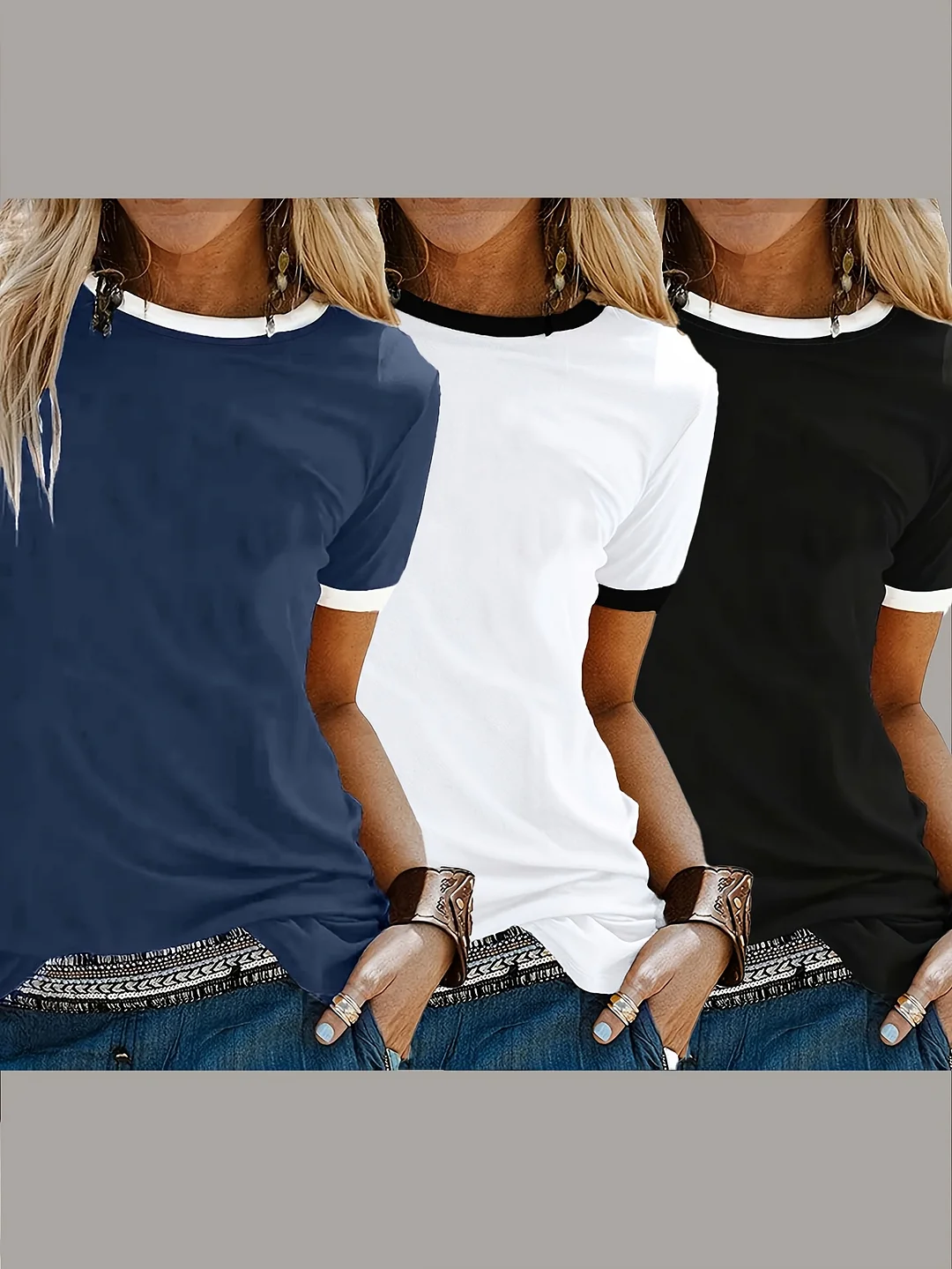 3pcs Women's Casual Crew Neck Short Sleeve T-Shirts - Soft Polyester Blend, Solid Color Navy Blue, White, Black), Lightweight & Breathable For Spring And Summer, Versatile Tshirts | Crew Neck Tee | Lightweight Tee | IFYHOME