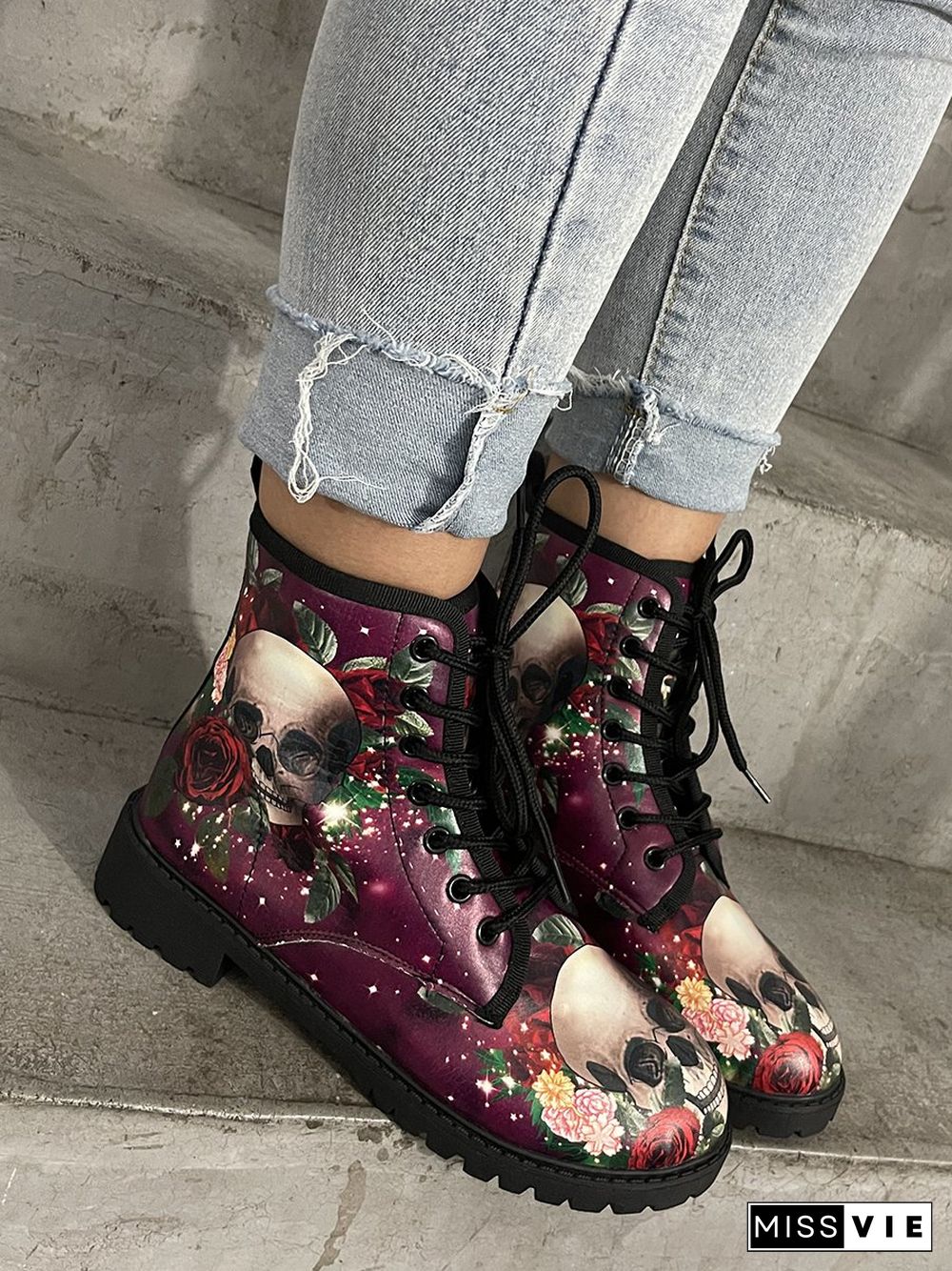 Floral Street All Season Printing Party Low Heel Lace-Up Non-Slip Classic Boots Boots for Women