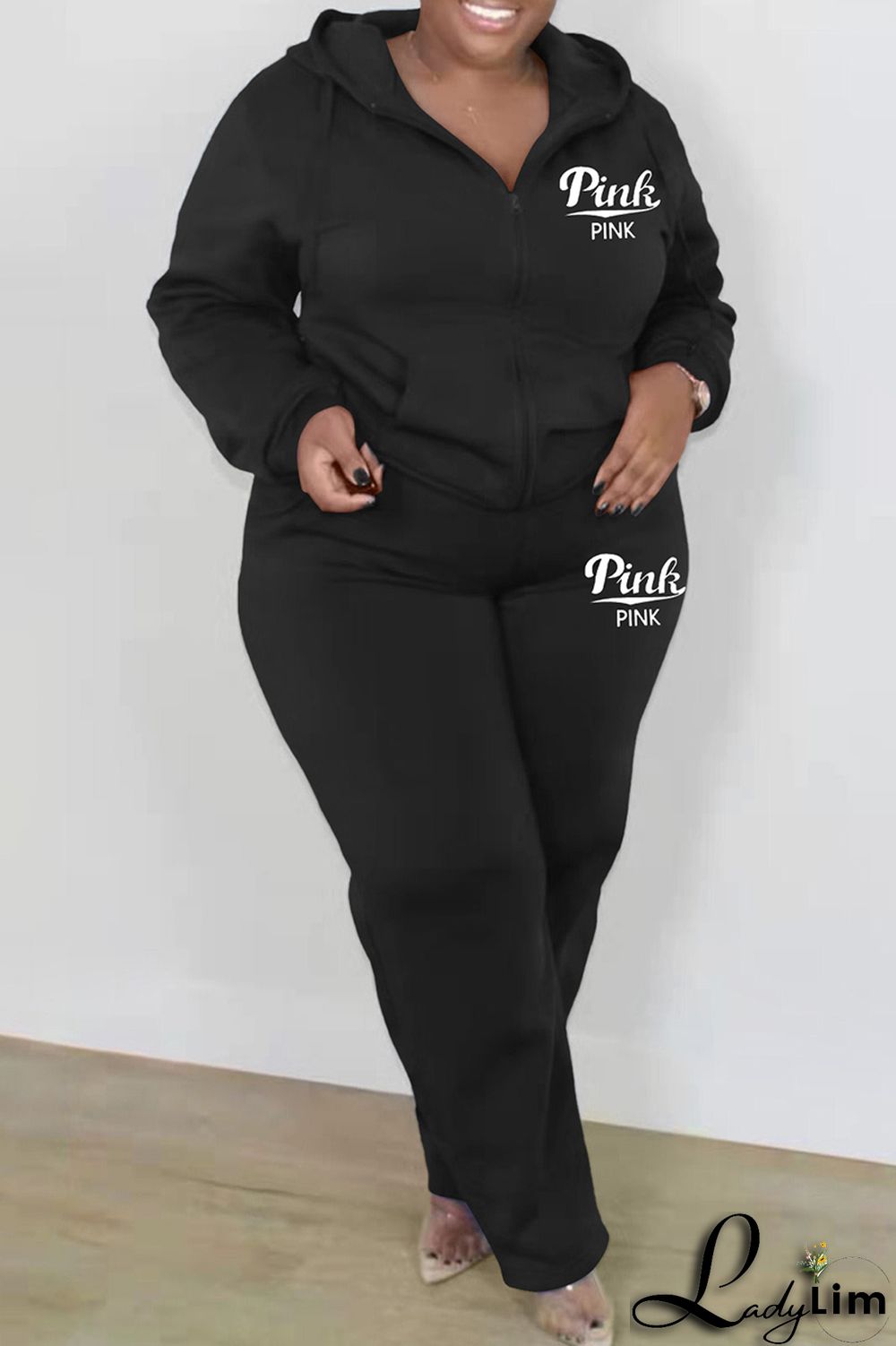Black Fashion Casual Letter Print Basic Hooded Collar Plus Size Two Pieces