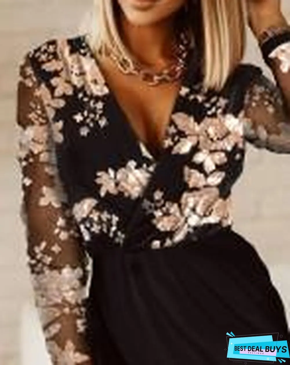Contrast Sequin Sheer Mesh Long Sleeve Party Dress Black Dresses