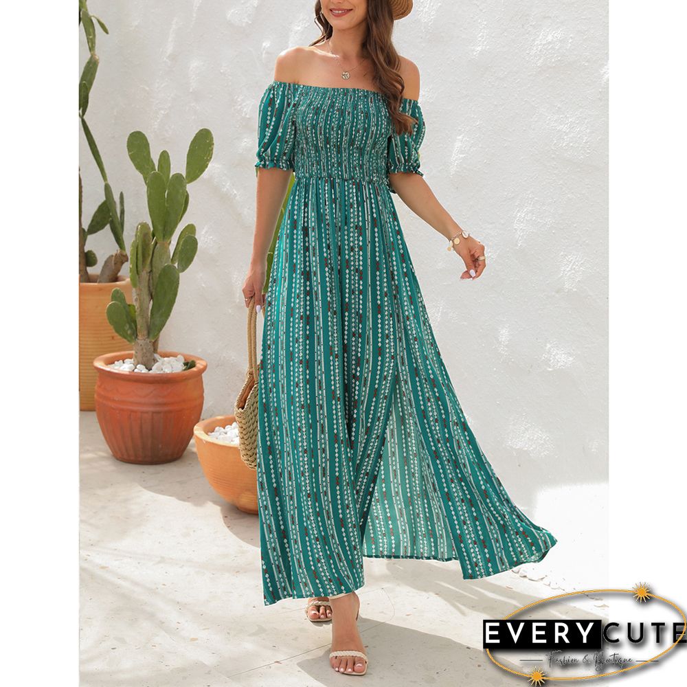 Green Vertical Striped Print Split Off Shoulder Maxi Dress