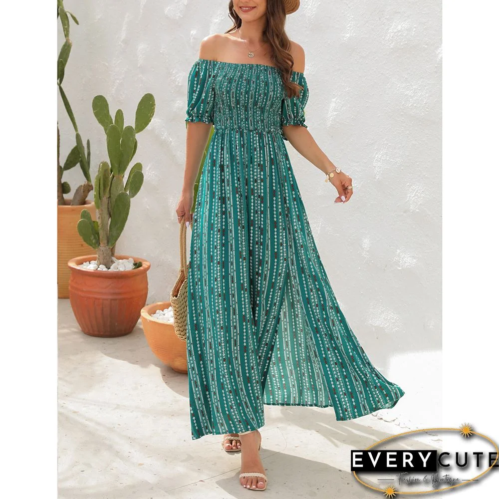 Green Vertical Striped Print Split Off Shoulder Maxi Dress