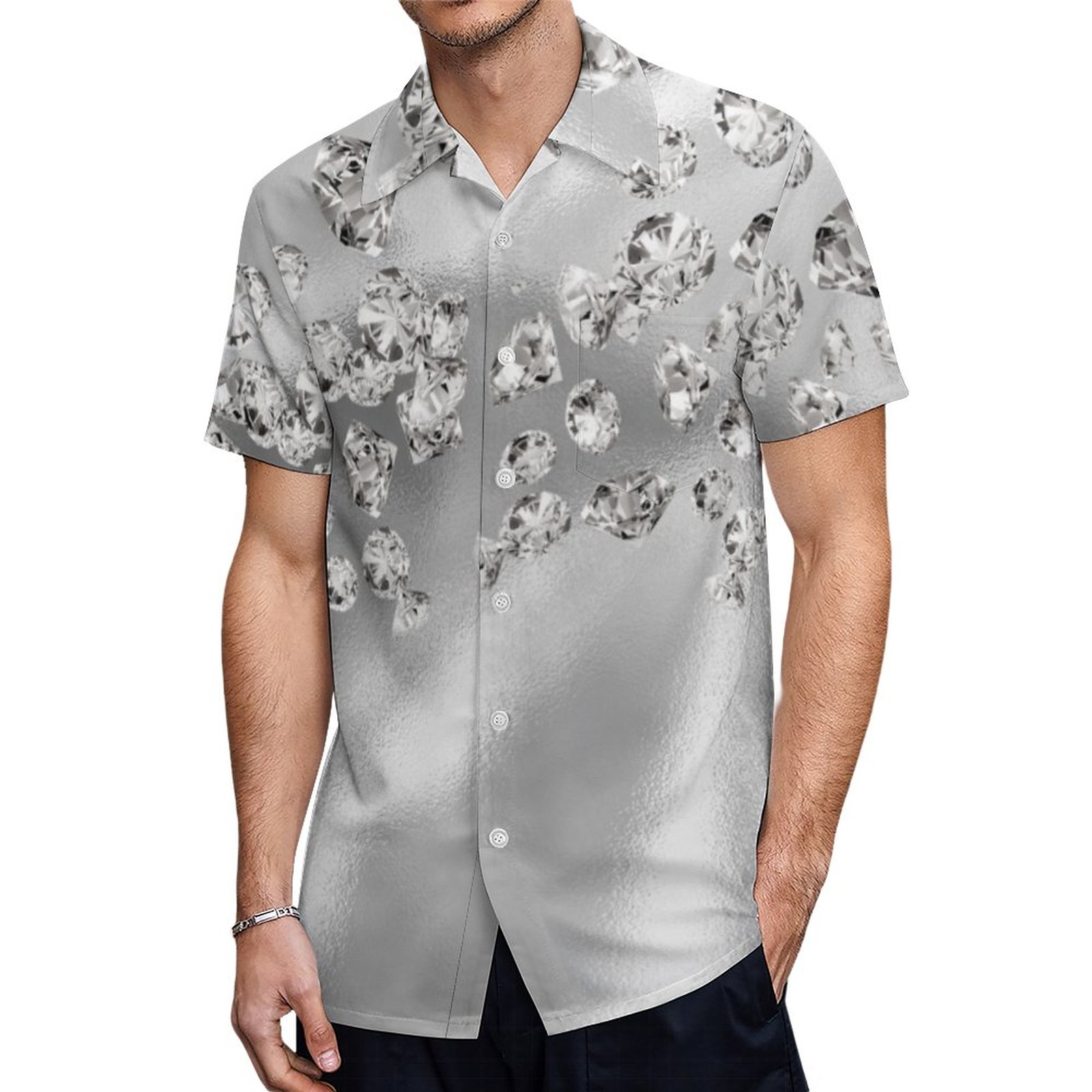 Luxury Diamonds Silver Background Glittering Girly Hawaiian Shirt Mens Button Down Tropical Hawaii Beach Shirts