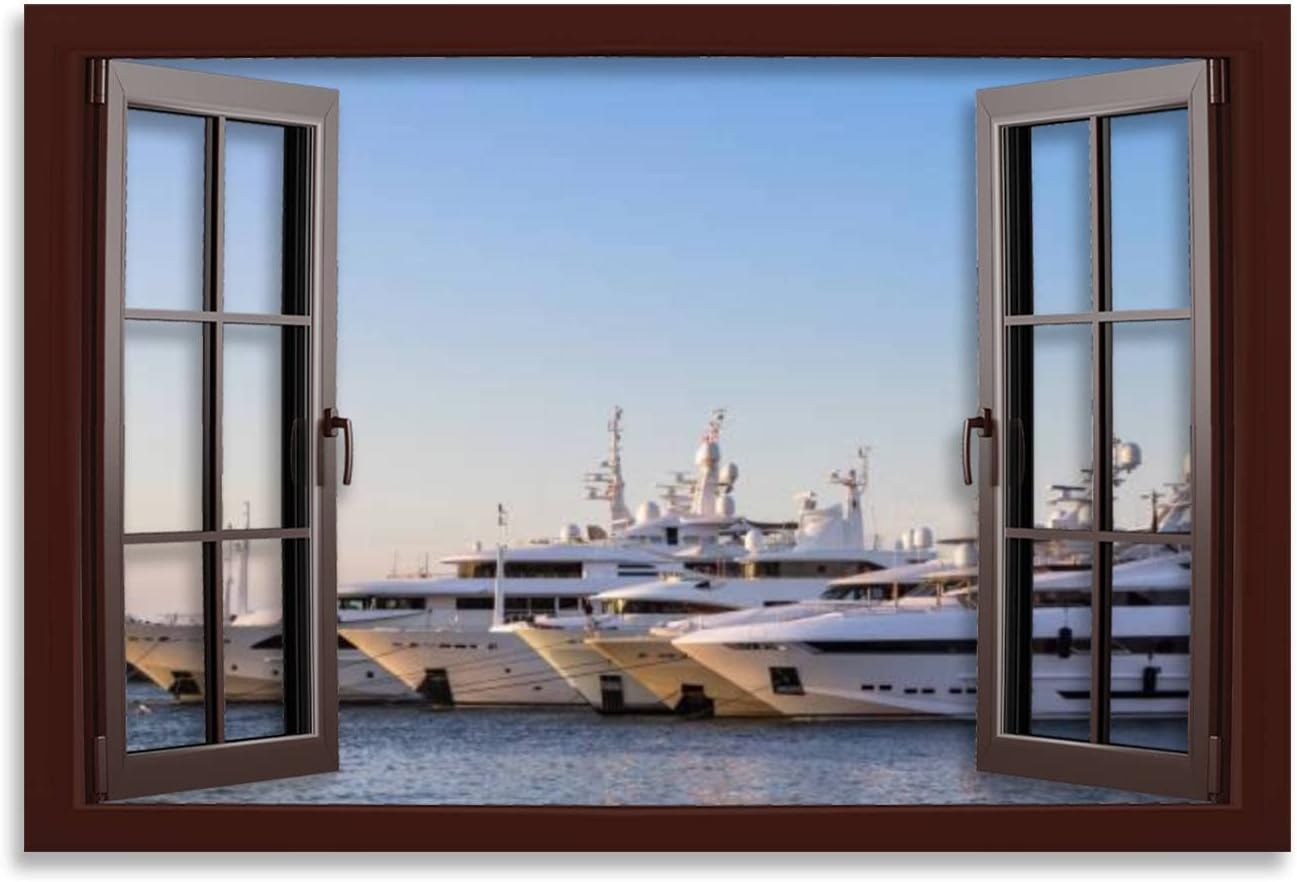 Canvas Wall Poster Artwork Picture Luxury rich Yachts moored in a harbor of Porto Cervo Art Painting Framed Print Bedroom Home Living Room Office Decoration Gift 23 inch X34 inch  Color1