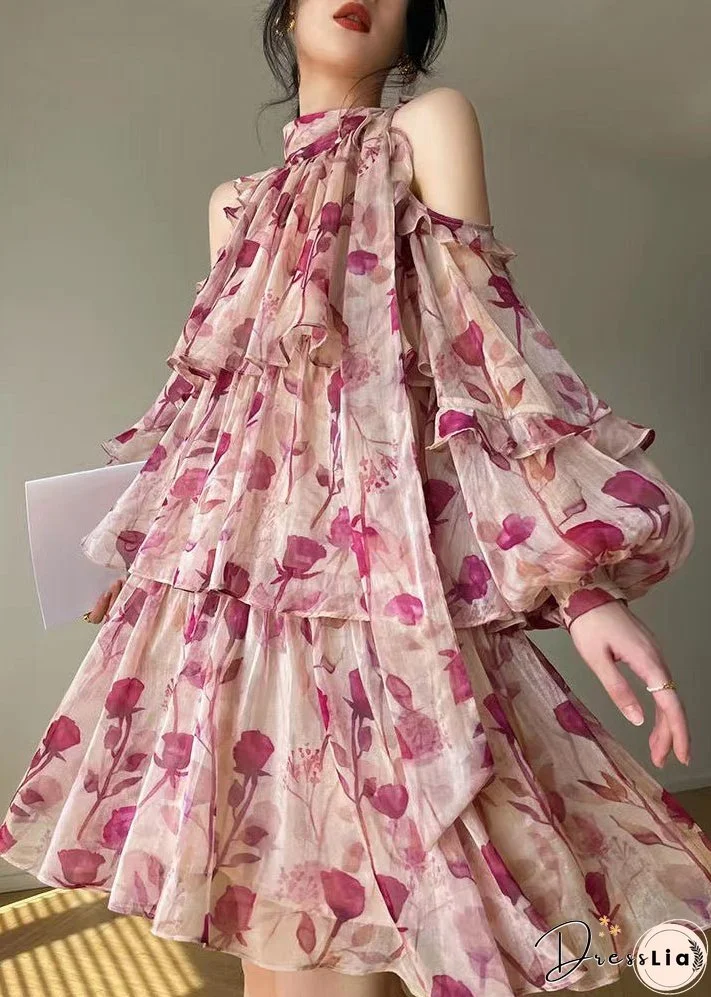 French Pink Print Ruffled Lantern Sleeve Cold Shoulder Dress