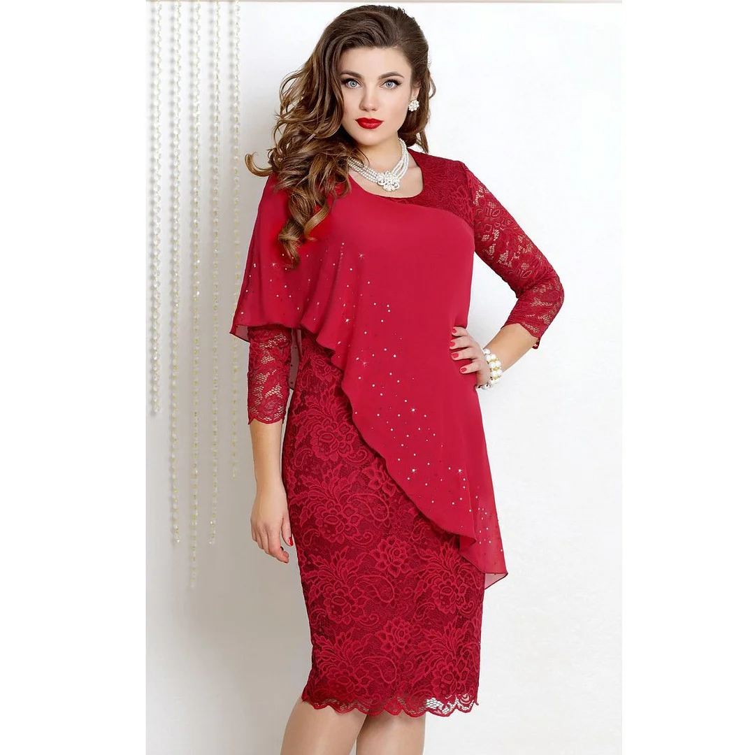 Plus Size Dresses Lace Floral 3/4 Sleeve O-Neck Prom Dress