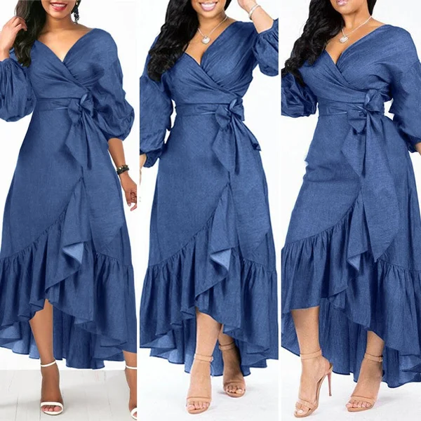 Women's Fashion Puff Sleeve Deep V Neck Tunic Denim Ruffled Dress Irregular Hem Elegant Party Long Dresses Vestidos S-5XL