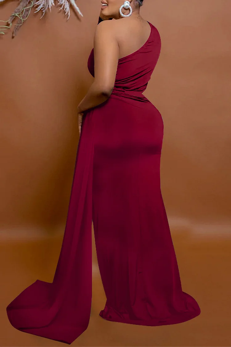 Xpluswear Plus Size Burgundy Formal Satin One Shoulder Long Sleeve Sweep Maxi Dresses 