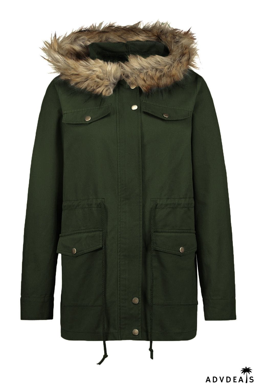 Zipper Snaps Pocket Plush Hooded Parka Jacket