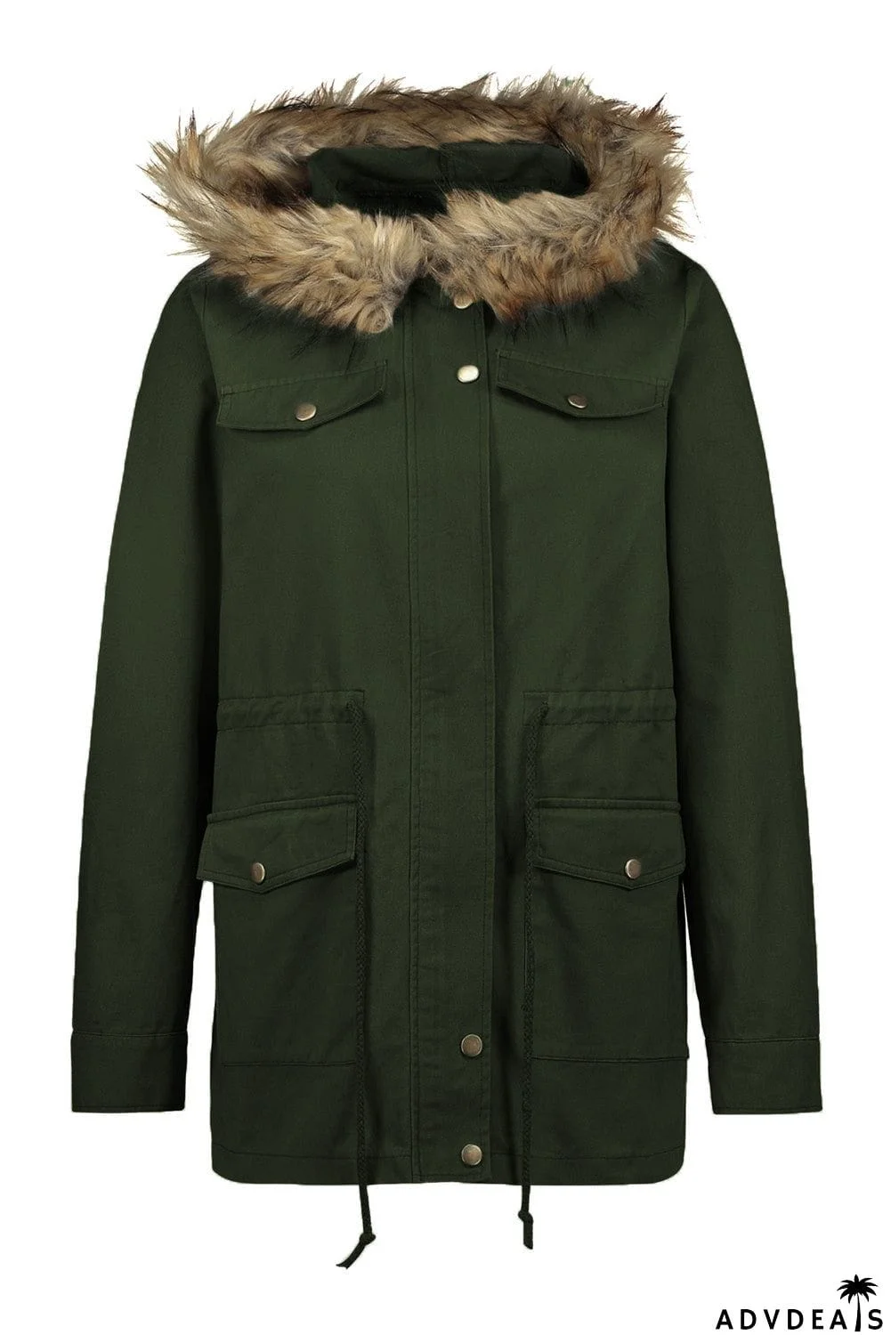 Zipper Snaps Pocket Plush Hooded Parka Jacket