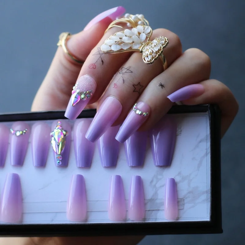 Coffin Acrylic Ombre False nails baby boom cute French glitter Ballet rhinestones Press on nails with Black box Glossy caviar-Nail Inspo