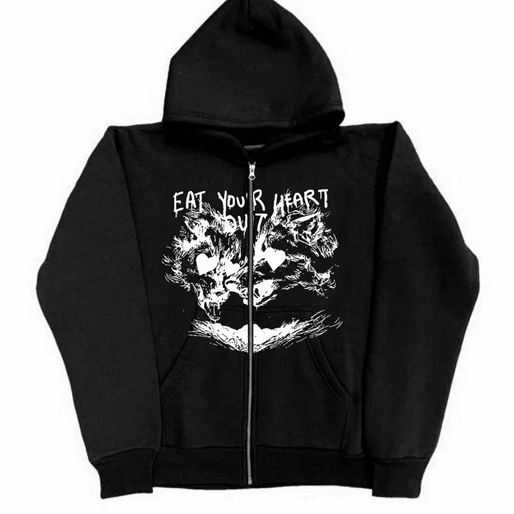 Eat Your Heart Letter Print Hoodie Gothic Y2k Zip Sweatshirt Jacket at Hiphopee