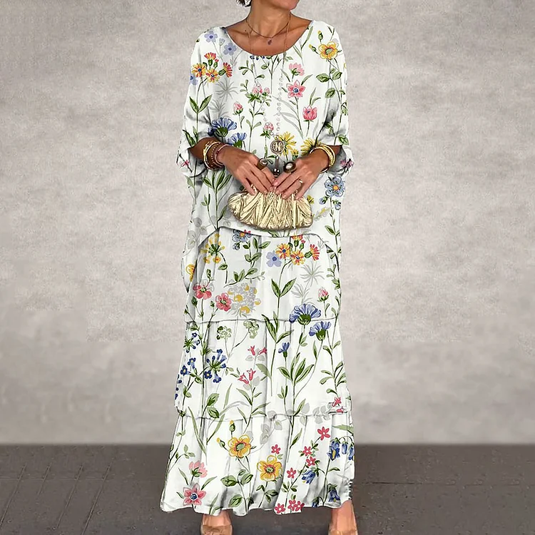 VChics Flower Print Elegant Casual Long Sleeved Maxi Dress