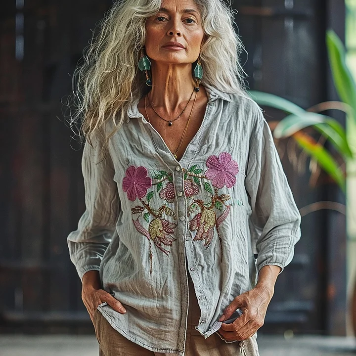 Lunivibe Bohemian Linen Floral Art Print Long Sleeve Shirt