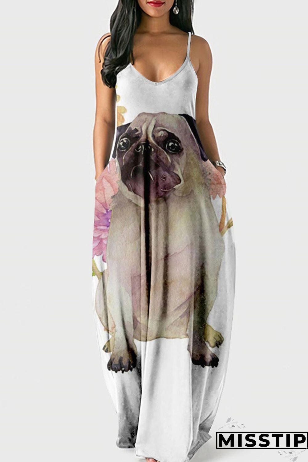Red Street Print Patchwork Spaghetti Strap Lantern Dress Dresses