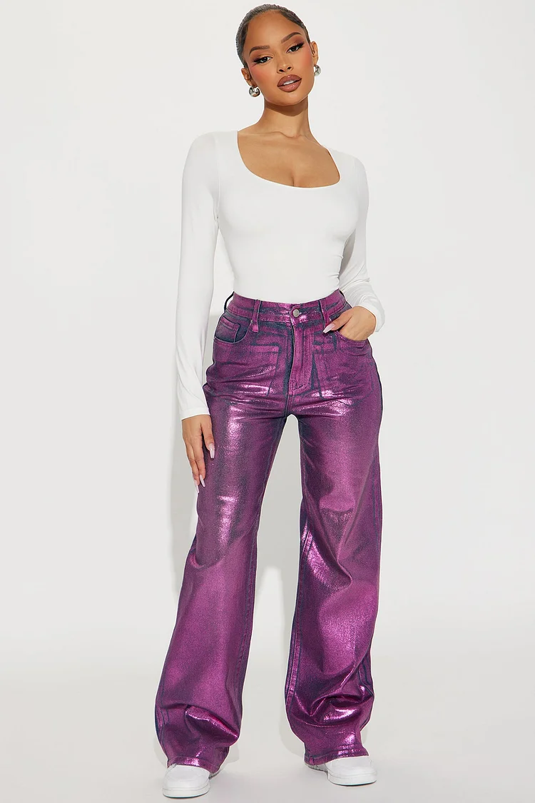 She's A Doll Foil Baggy Jeans - Pink