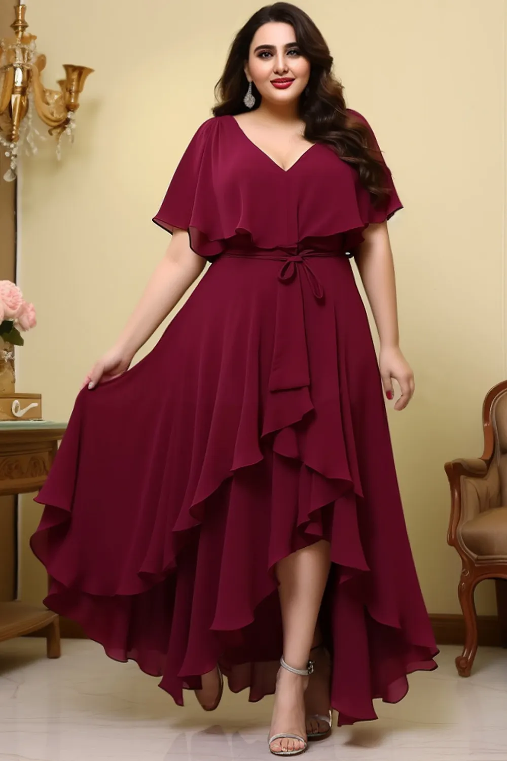 Flycurvy Plus Size Wedding Guest Burgundy Chiffon Cape Sleeve Irregular Hem  Maxi Dress- Flycurvy