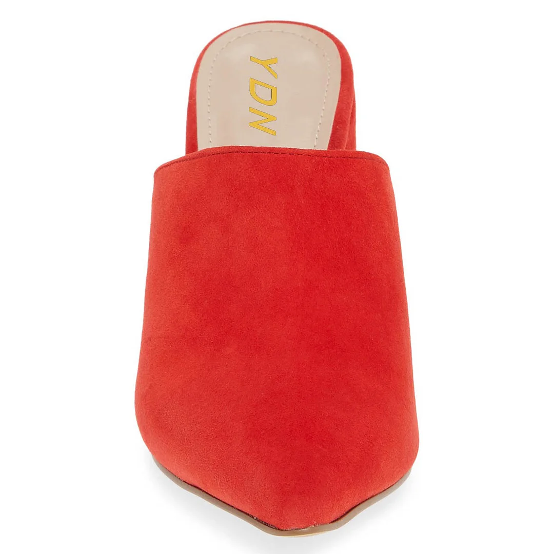 Pointed Toe Slip On Block Heel Vegan Suede Red Mules Shoes for Ladies