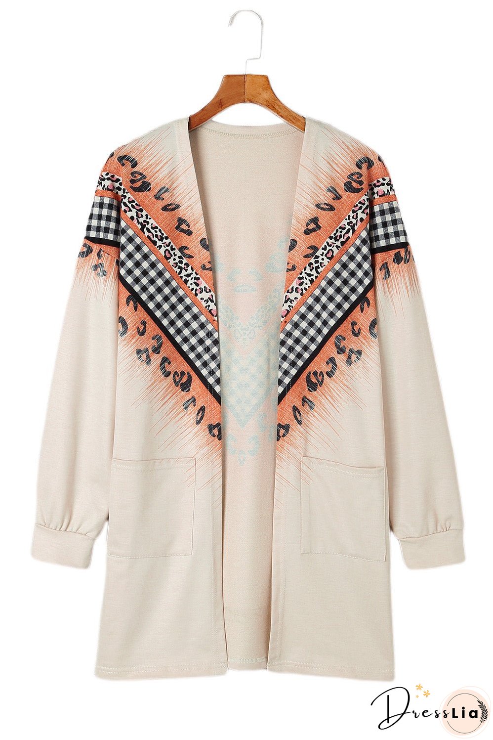 Double Take Leopard Plaid Open Front Longline Cardigan with Pockets