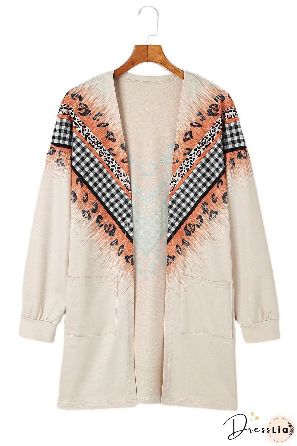 Double Take Leopard Plaid Open Front Longline Cardigan with Pockets