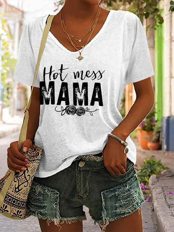 Women's Mother's Day Hot Mess Mama Print V-Neck T-Shirt socialshop