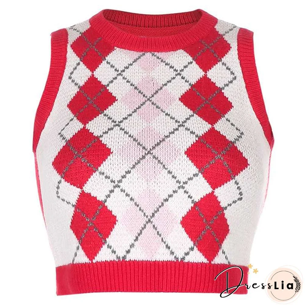 Checkered Cropped Knitted Tank Argyle Sleeveless Jumper