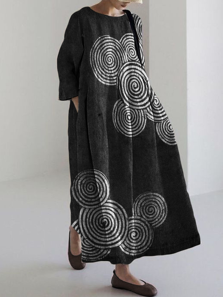 Comstylish Sea Waves Ripples Japanese Lino Art Linen Blend Maxi Dress