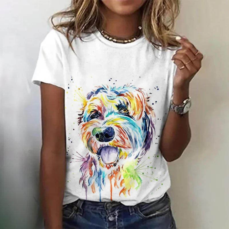 Simple Crew Neck Dog Print Short Sleeve T-Shirt