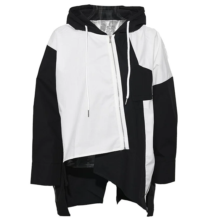 Stylish Loose Hooded Contrast Color Irregular Patchwork Long Sleeve Zip-up Jacket  