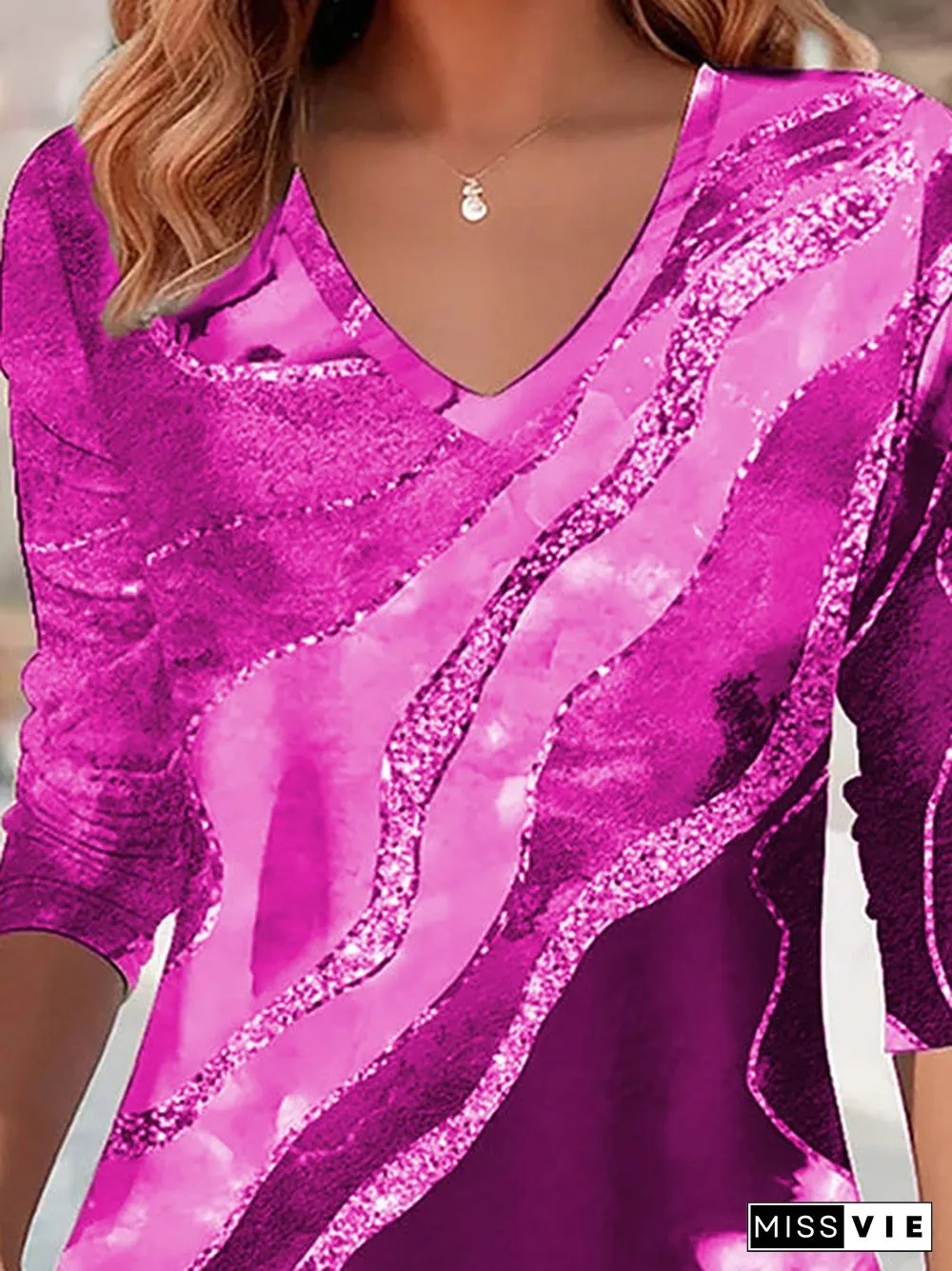 Women Long Sleeve V-neck Striped Colorblock Tops