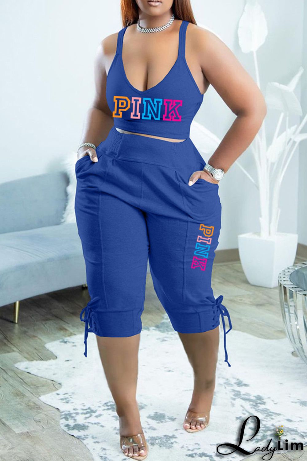 Orange Sexy Casual Letter Print Backless Spaghetti Strap Sleeveless Two Pieces