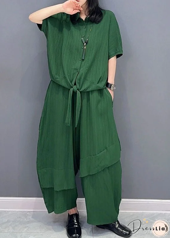 Natural Green Peter Pan Collar Patchwork Tops And Pants Cotton Two Pieces Set Spring