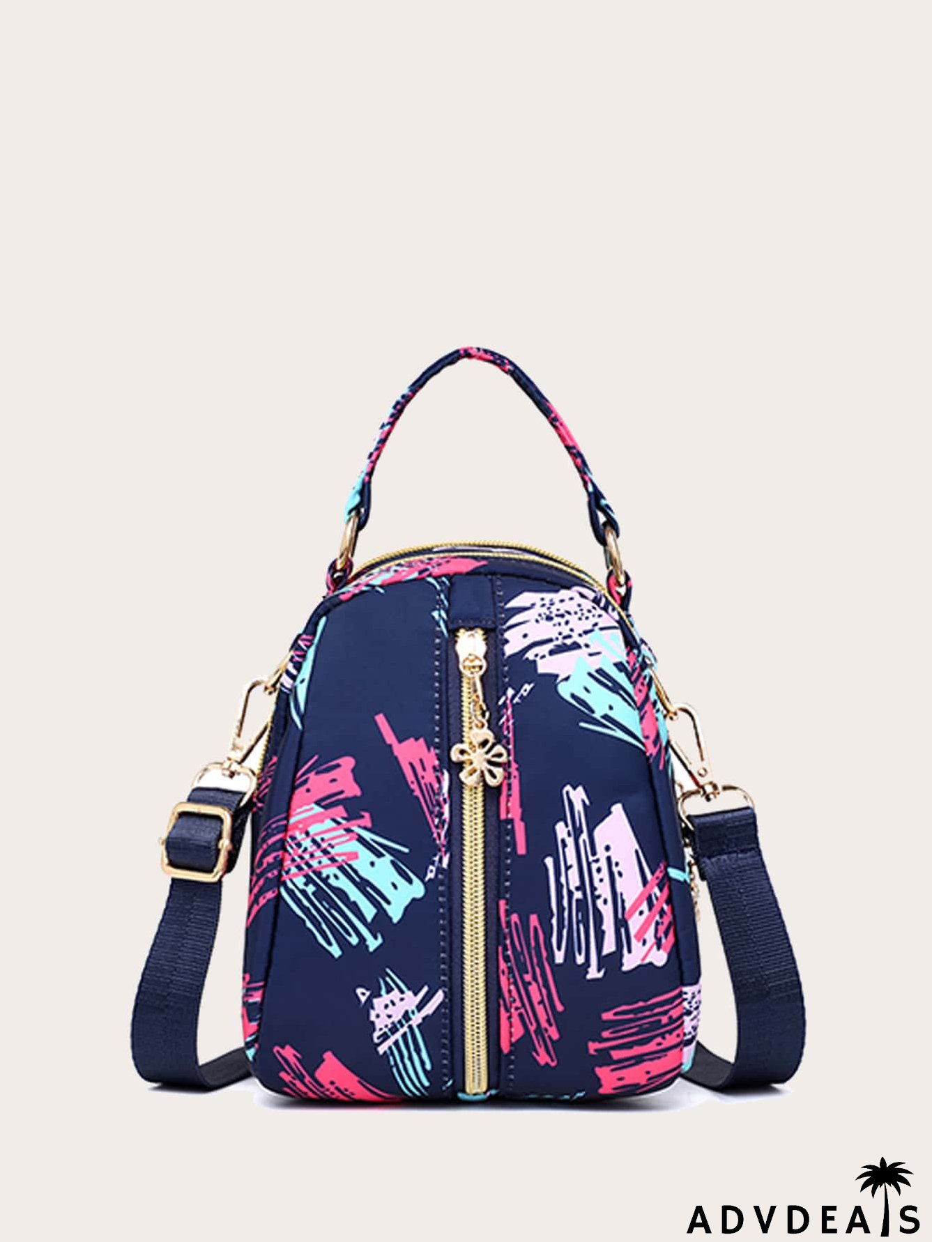 Brush Print Flower Zip Satchel Bag