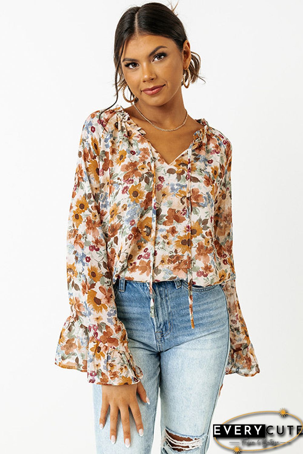 Orange Floral Print Flare Cuff Long Sleeve Blouse