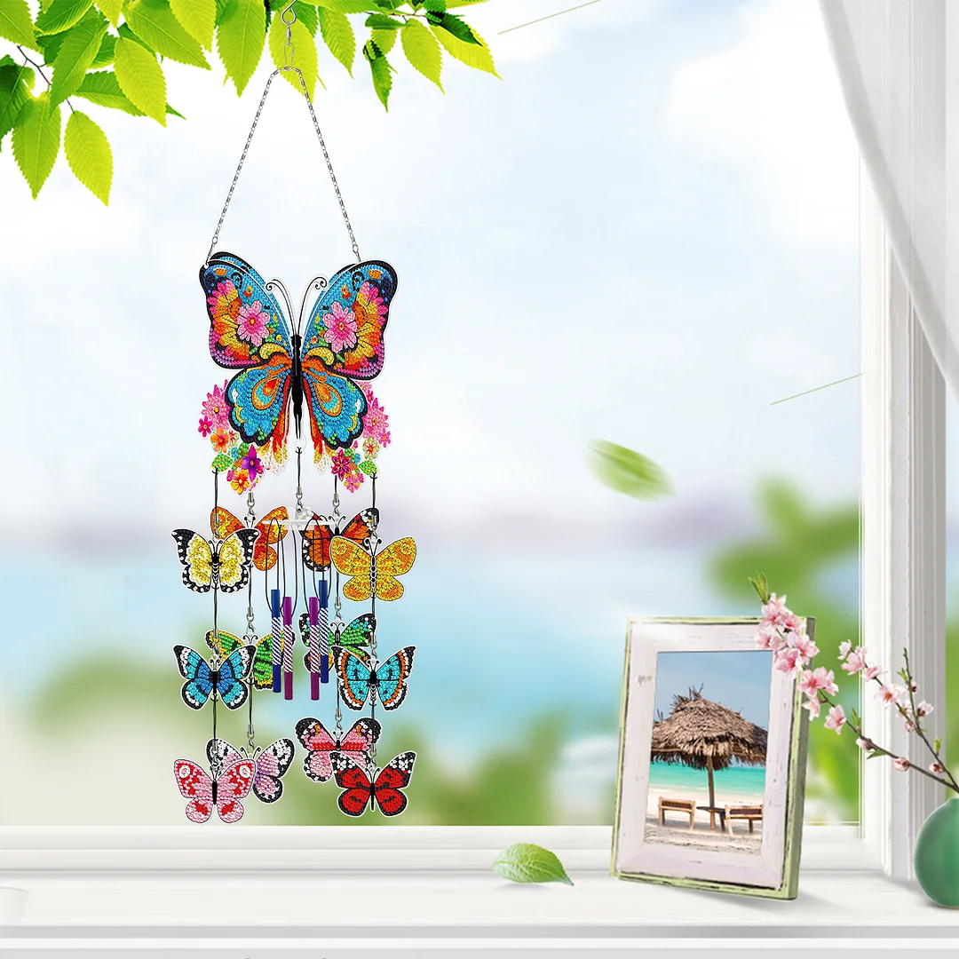 DIY  Flower Butterfly Double Side Wind Chime Diamond Art Hanging Pendant Home Decor
